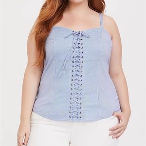 Torrid BLUE & WHITE STRIPED POPLIN LACE-UP CAMI